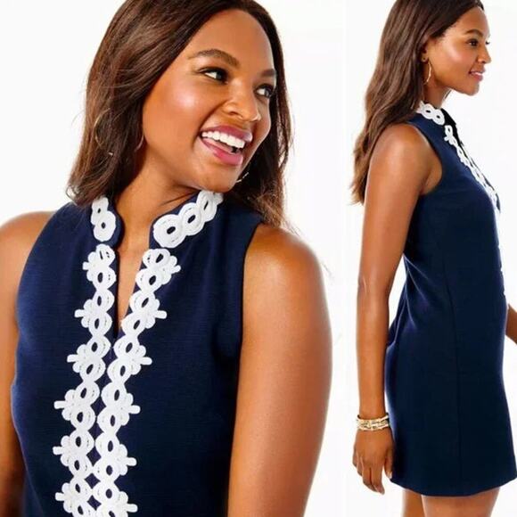 Lilly Pulitzer Womens Callista High Collar Shift Dress Navy Blue White Lace Trim - Picture 2 of 10